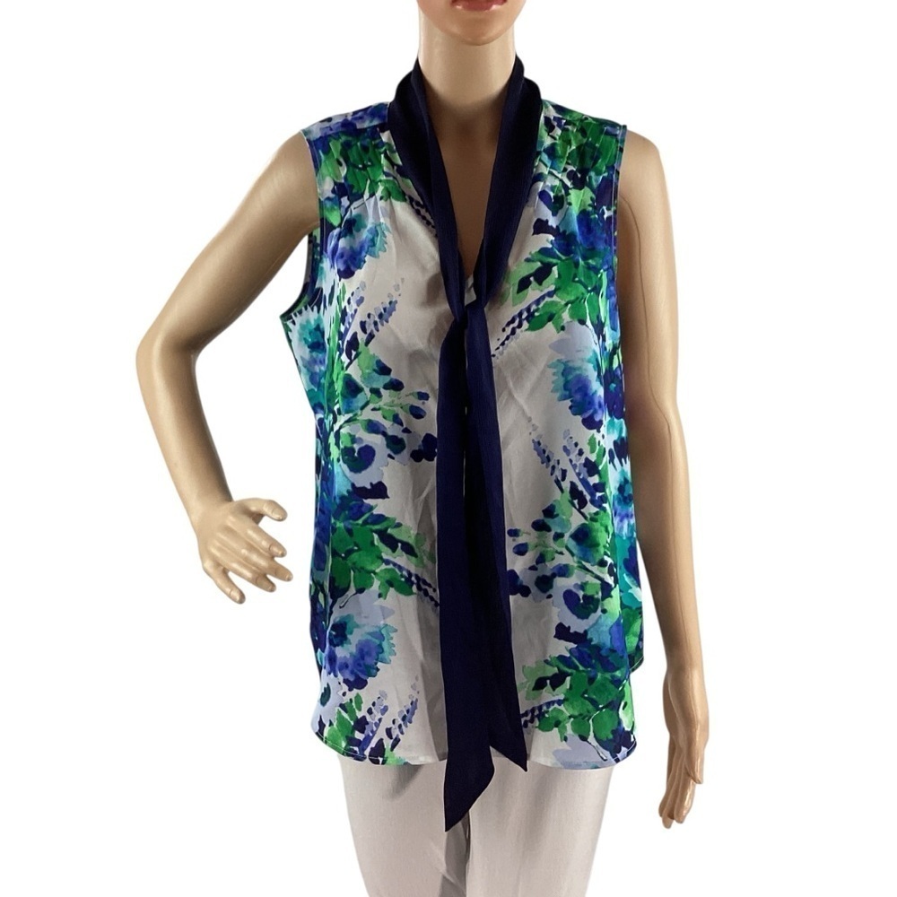 New York & Company Floral Sleeveless Blouse Tie Neck Watercolor Print Size M